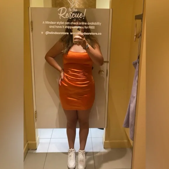 open lace back dress Draped Short Orange Dress – ALBINA DYLA main image 1